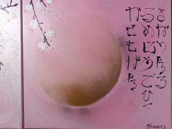 Japanese sakura J277 - large silver pink triptych, original art, japanese style paintings by artist Ksavera