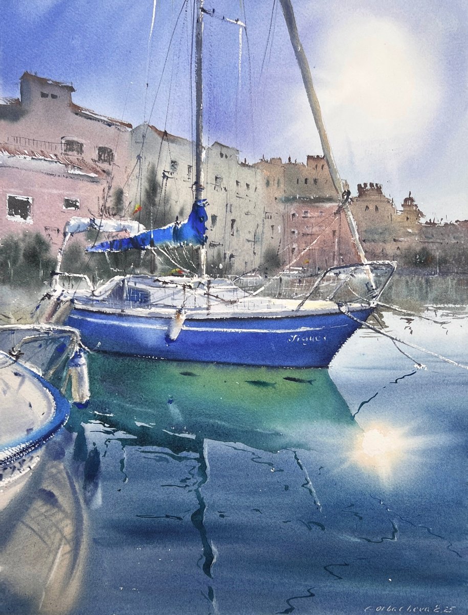 Impressionistic Landscape Watercolour By Eugenia Gorbacheva, 12 X 16, Harbor Dreams Of Port Saplaya, Original Artwork