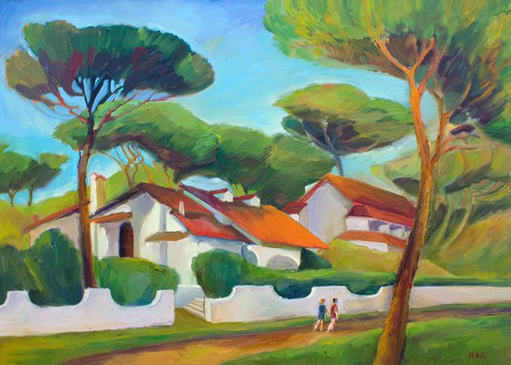 ITALY. LIDO DI SPINA (WANT TO TAKE A STROLL?) - expressive bright landscape with green pine trees and walking people gift idea home décor