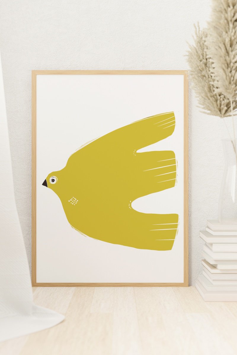 Animal Giclee Print By Emma Evans-Freke, 20 X 20, Bird In Moon Yellow, Original Artwork