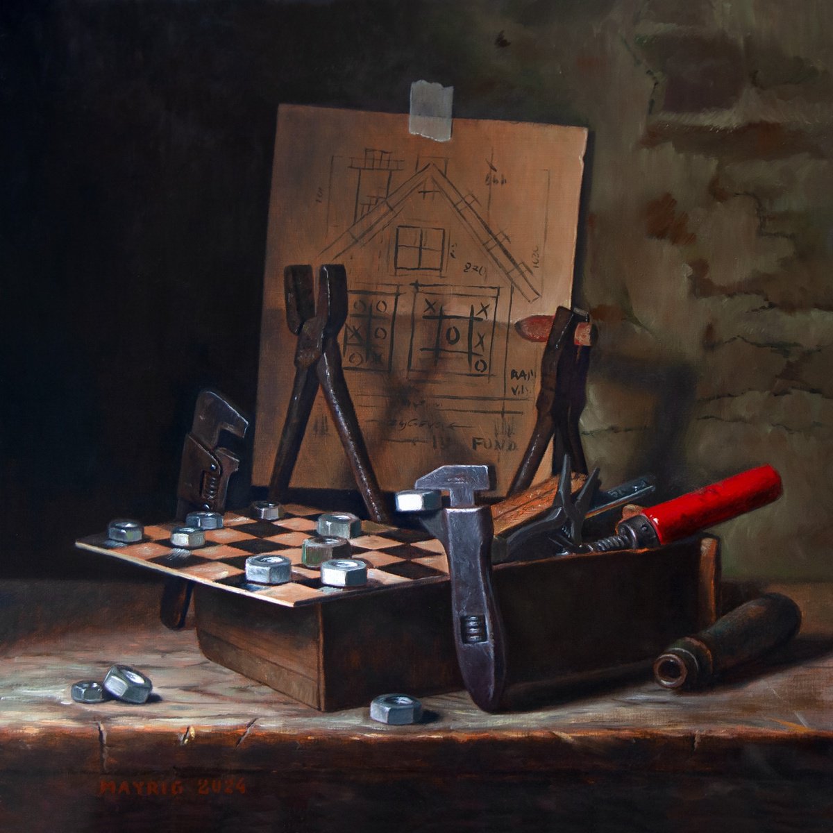 Photorealistic Still Life Oil Painting By Mayrig Simonjan, 16 X 16", Playing Games During Work, Original Artwork