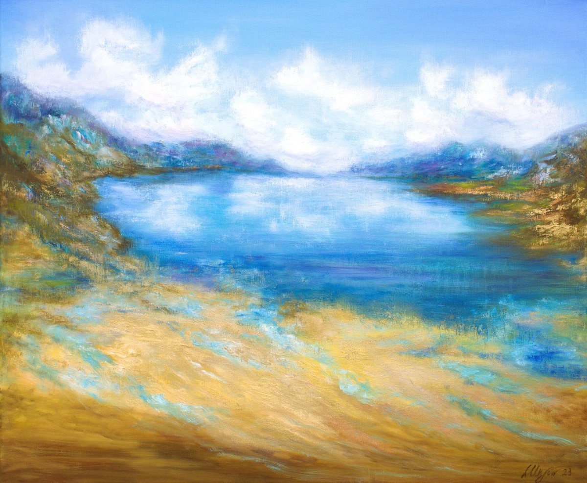 Abstract Landscape Oil Painting By Ludmilla Ukrow, 24 X 20", Gold Seascape, Original Artwork