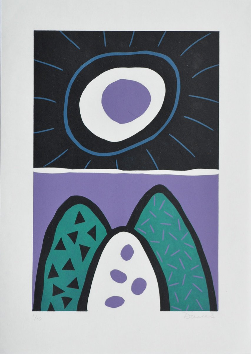 Abstract Linocut By Julian Davies, 11 X 15", Onigiri Mountains, Original Artwork