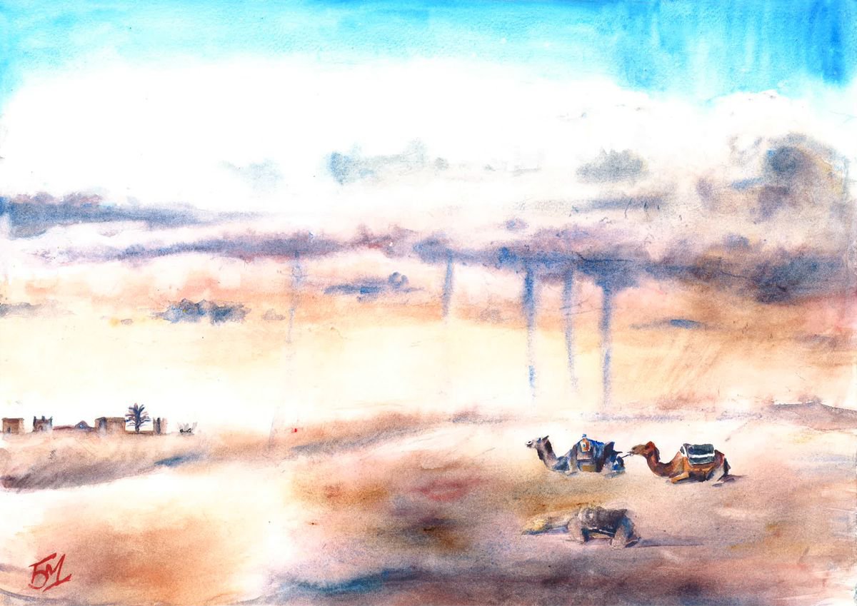 Camels in desert, Desert landscape, Middle Eastern Scenery, Contemplation by Bozhidara Mircheva