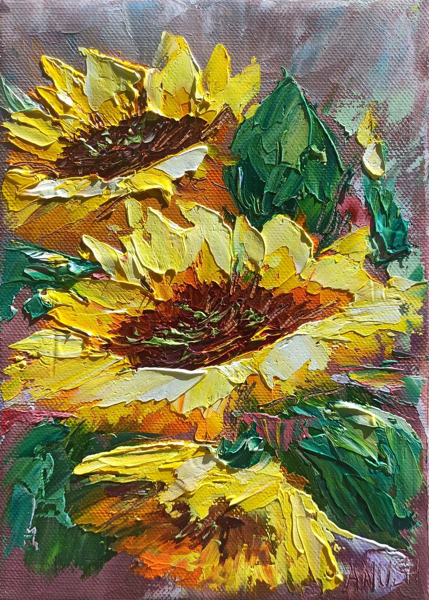 Impressionistic Botanical Oil Painting By Anush Emiryan, 8 X 12, Golden Sunburst, Original Artwork