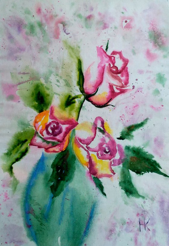 Roses Painting Floral Original Art Roses in Blue Vase Still Life Flowers Small Watercolor Artwork Home Wall Art 8 by 11" by Halyna Kirichenko