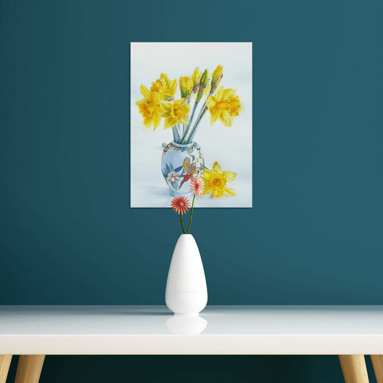 Golden Daffodils in a Chinoiserie Parrot Vase