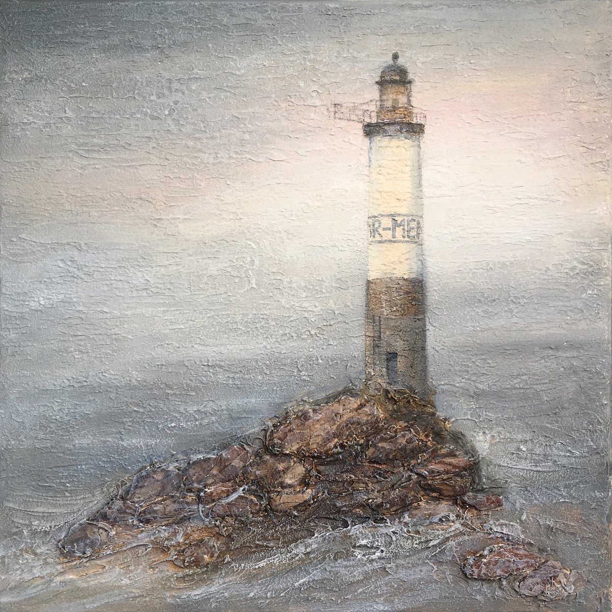 Impressionistic Landscape Acrylic Painting By Olga Kataeva-Rochford, 24 X 24", Ar Men Lighthouse, Original Artwork