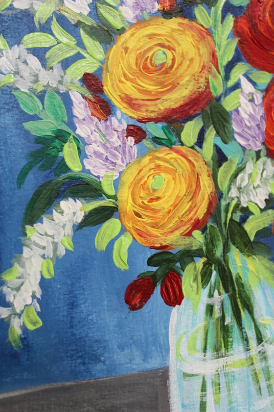 Still Life Florals - Happiness - Colourful floral bouquet in vases- Acrylic painting of flowers