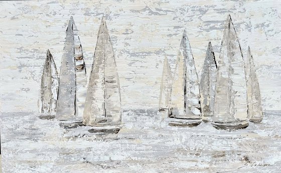 SAILING SPLENDOR. Regatta Beige Gray Seascape Coastal Painting Sailboats