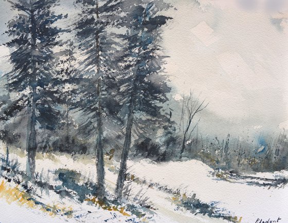 Firtrees in winter-watercolor