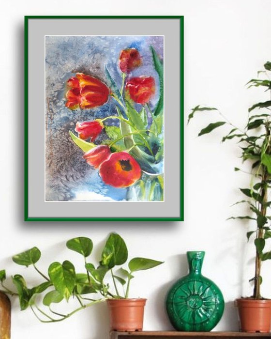 Red Tulips Watercolor Painting Expressive and Loose Floral Art