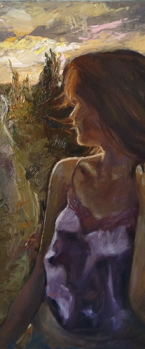 Summer wind 50x40cm ,oil/canvas, impressionistic figure by Kamsar Ohanyan