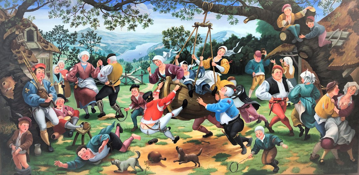 Naive Portrait Oil Painting By Alexander Mikhalchyk, 55 X 28, The Boat Is A Swing., Original Artwork