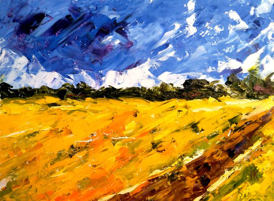 Ukraine Painting Landscape Original Art Sunflower Field Oil Impasto Palette Knife Small Home Wall Art 16 by 12" by Halyna Kirichenko