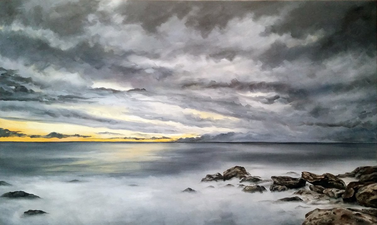 Impressionistic Landscape Oil Painting By Katrina Case, 44 X 28", Still Ocean, Original Artwork