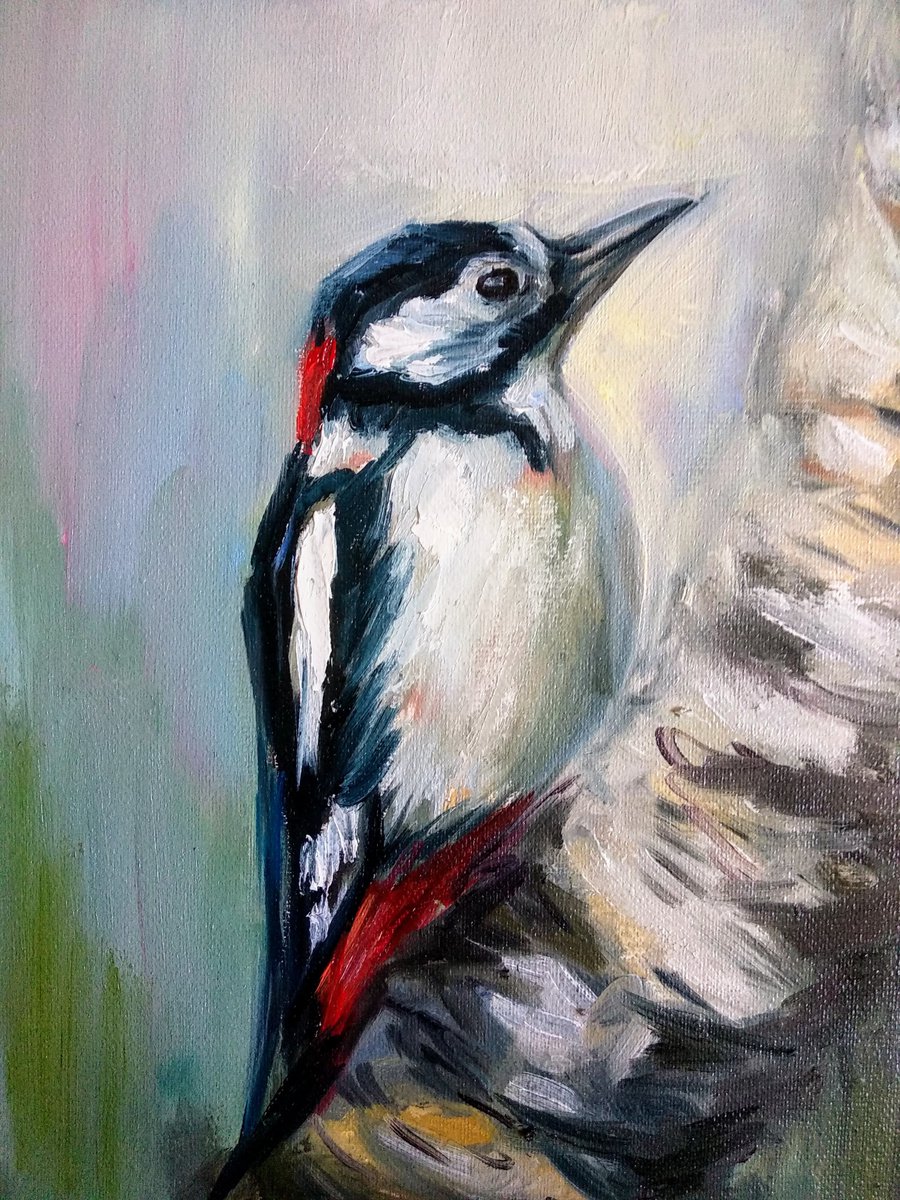 Bird Painting Woodpecker on a tree Realistic birds Wildlife by Anastasia Art Line