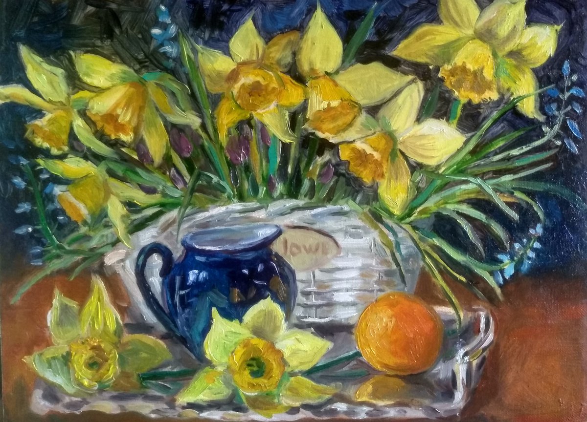 Impressionistic Botanical Oil Painting By Ann Krasikova, 16 X 12, Daffodils, Spring Flowers, Original Artwork