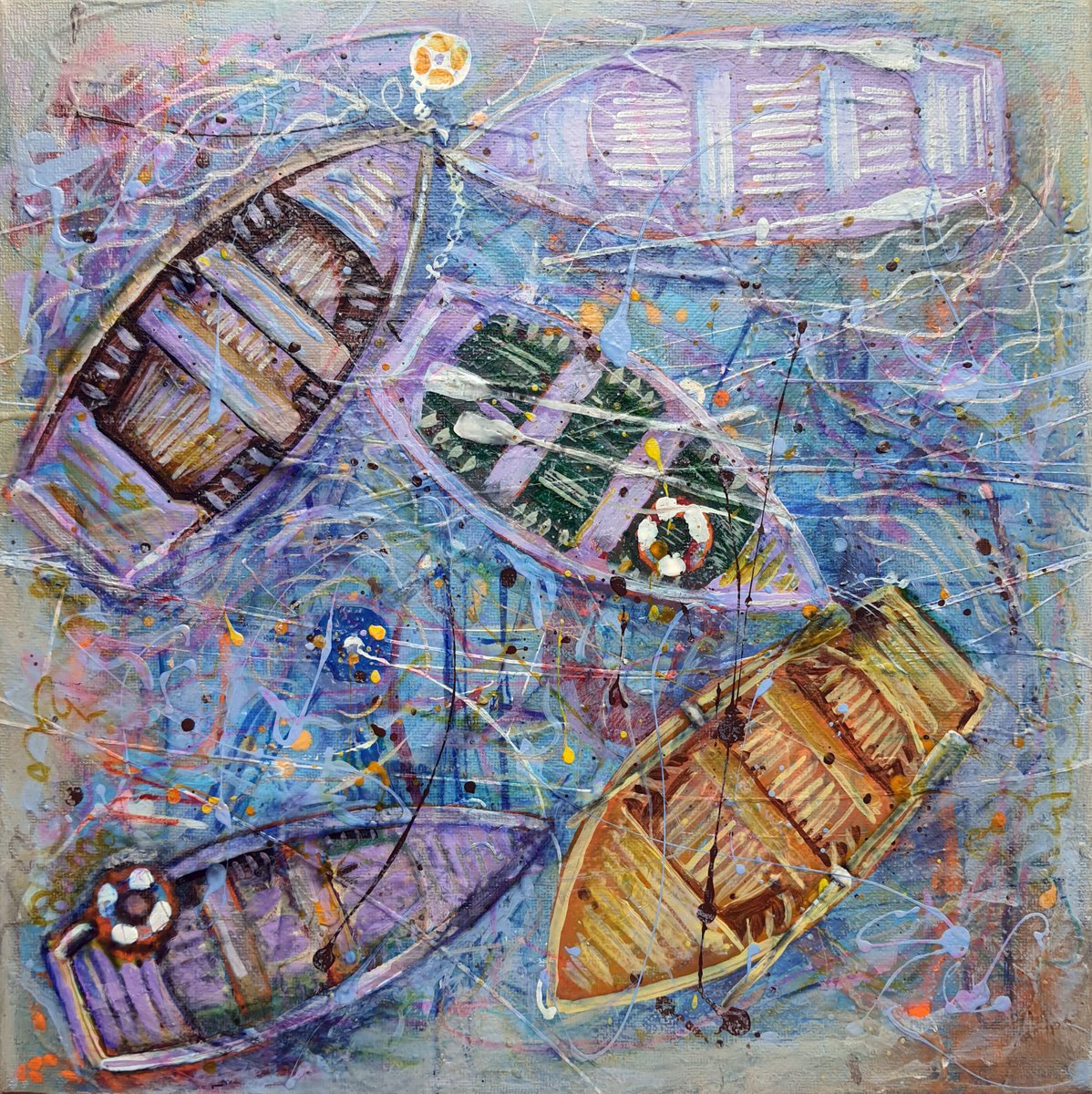Abstract Landscape Acrylic Painting By Rakhmet Redzhepov, 12 X 12", Purple Boats., Original Artwork