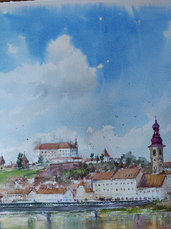 Ptuj castle, Slovenia city original watercolor hand-painted, Drava river lake bridge, Mediterranean Europe Impressionistic, Old town artwork