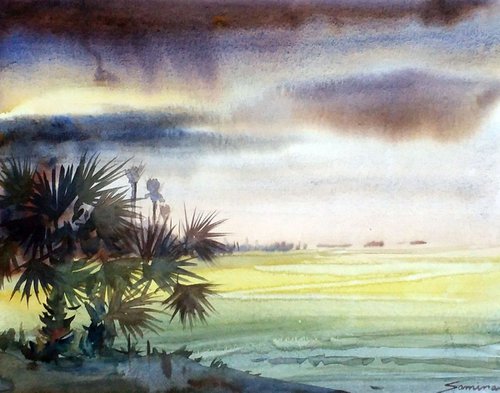 Monsoon & Palm Trees - Watercolor Painting by Samiran Sarkar