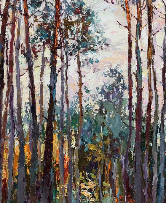 Trees. Morning pine forest -  Landscape painting