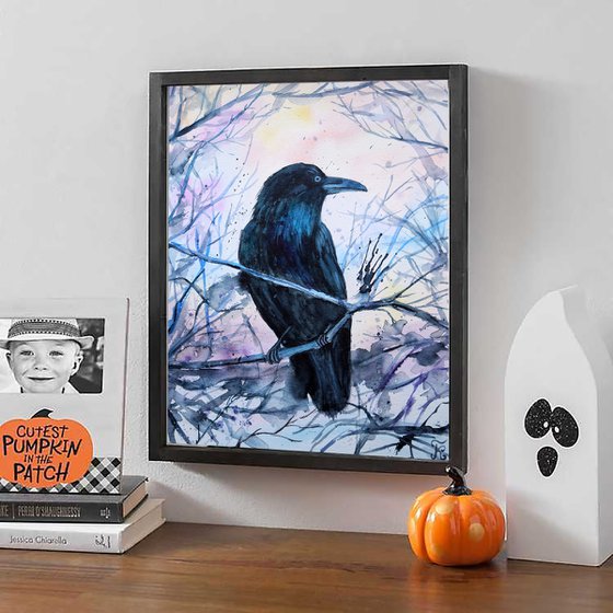 Raven watercolor painting, black crow wall art, gothic home decor, Halloween gift