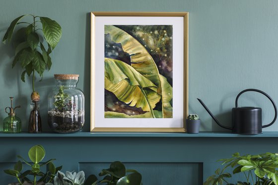 Tropical dream - green leaves original watercolor