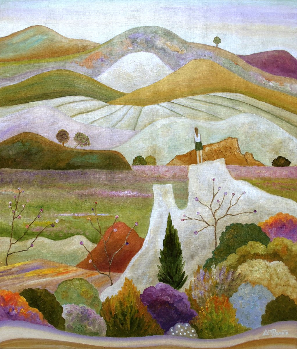 Impressionistic Landscape Oil Painting By Angeles M. Pomata, 18 X 22, Beyond The Bloom, Original Artwork