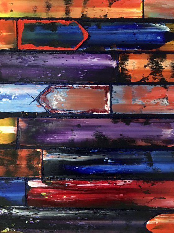 "Building A Fortress" - Original Xt Large PMS Abstract Triptych Oil Paintings On Canvas, Wooden Panels and Wooden Pieces - 108" x 48"