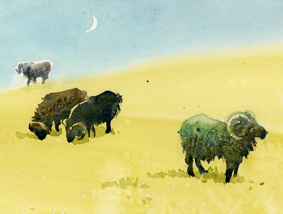 Landscape with sheep and new moon.