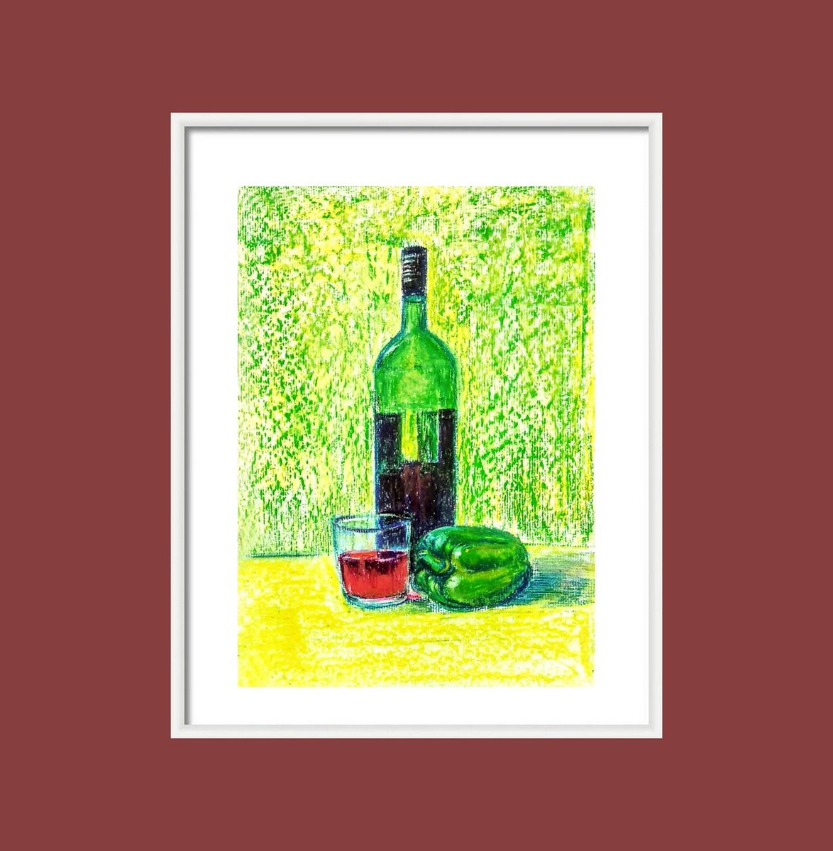Impressionistic Still Life Pastel Drawing By Asha Shenoy, 8 X 12, Green Wine Bottle, Original Artwork