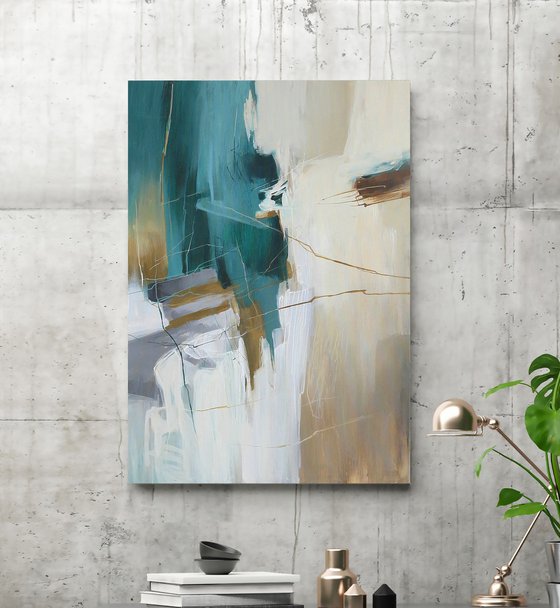 "Melody 3" Teal gray white abstract art