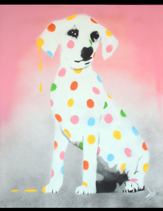 Damien's dotty, spotty, puppy dawg (pink on The Daily Telegraph) + free poem.