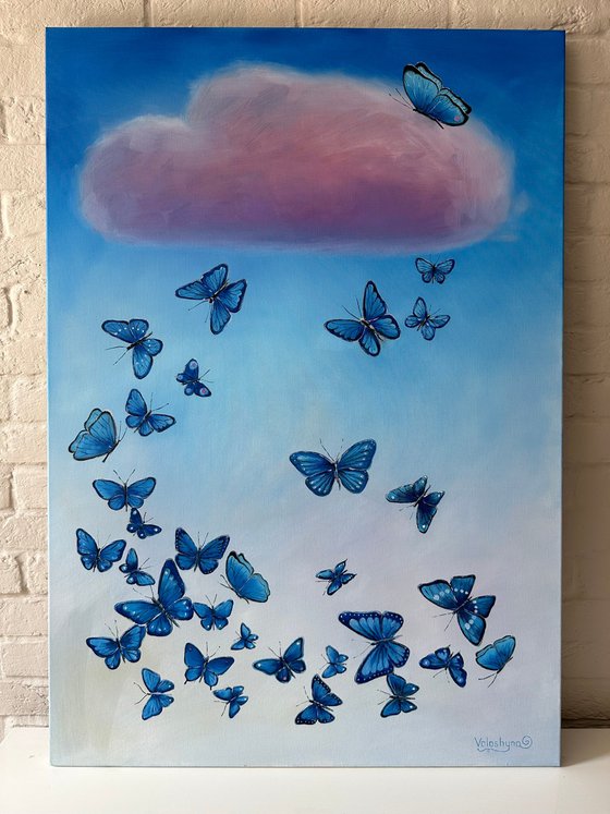 "Butterfly flight to the cloud". Original oil painting XXL