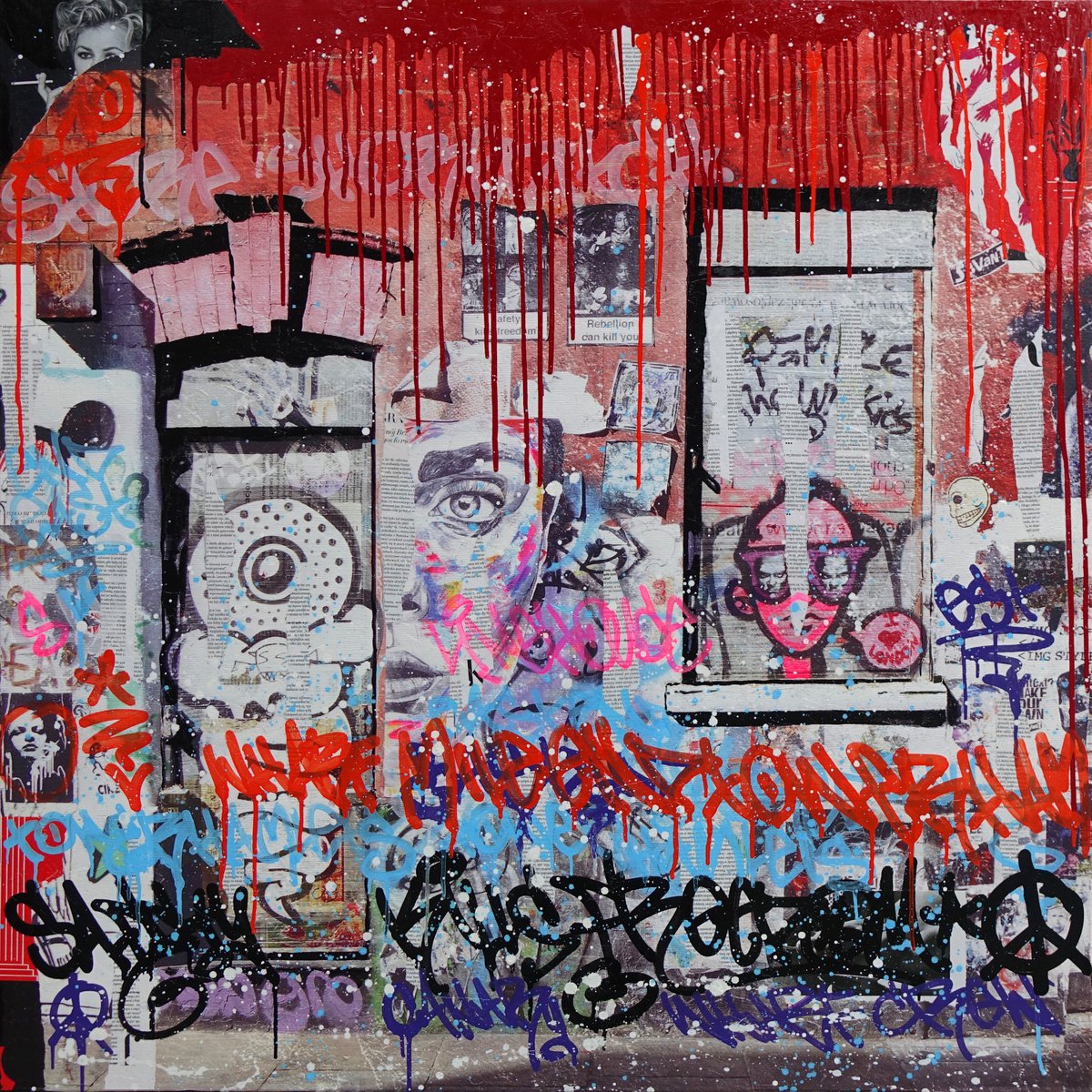 Urban And Pop Cityscapes Painting By Tomasz Brynowski, 43 X 43", Shoreditch Wall 02, Original Artwork