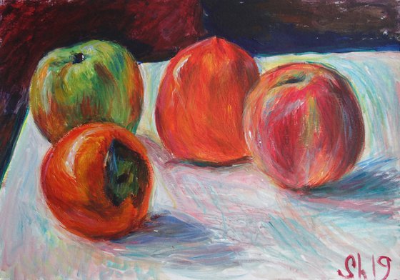 Persimmon and apples. Acrylic on paper. 43x32 cm.