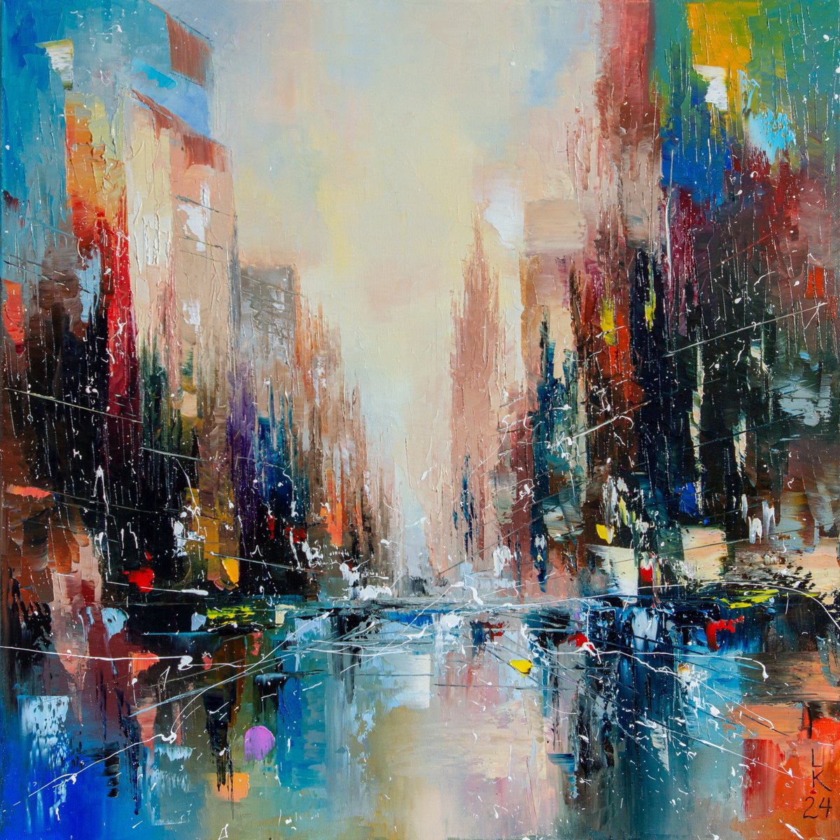 Abstract Cityscapes Oil Painting By Liubov Kuptsova, 24 X 24", Big Apple Mirage, Original Artwork