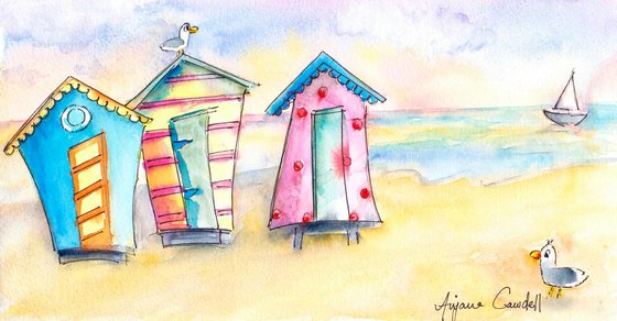 Beach hut Painting, Fun Seaside Art, Watercolour and ink illustration, Original Watercolour Painting, Seascape, Seaside illustration