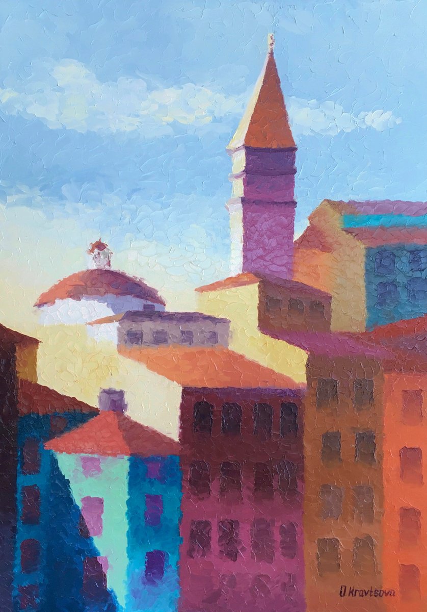 Urban And Pop Cityscapes Oil Painting By Oxypoint, 20 X 28", "Sunny Day In A Colorful City", Original Artwork