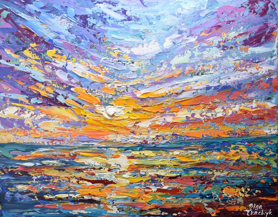 Lavender sky - Original Sunset Painting on Canvas, Heavy impasto seascape artwork