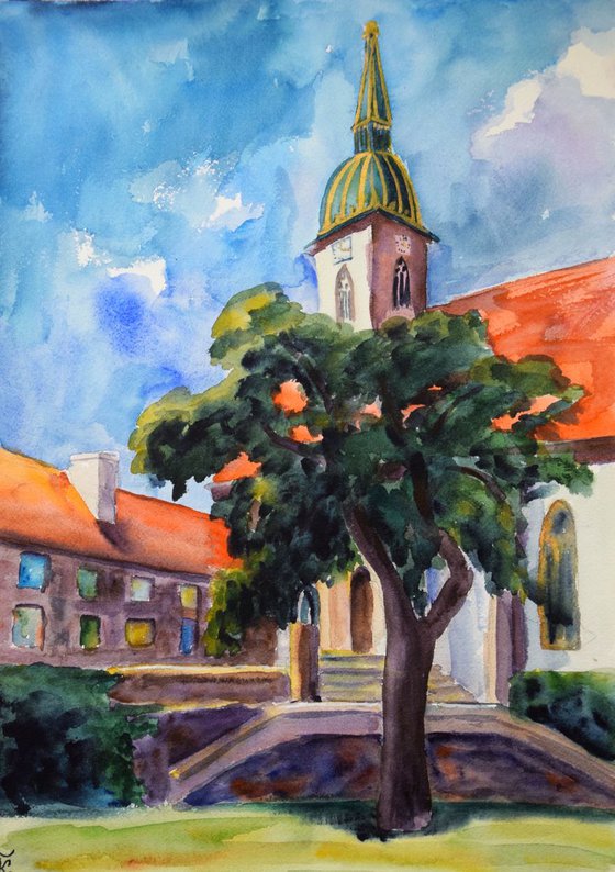 Bratislava church ORIGINAL watercolor painting, travel city gift, Slovakia Europe cityscape, plein air artwork