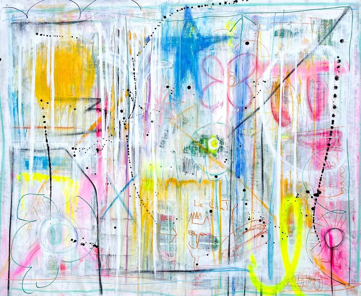 Urban And Pop Abstract Acrylic Painting By Mercedes Lagunas, 39 X 31", Le Chat Orange, Original Artwork