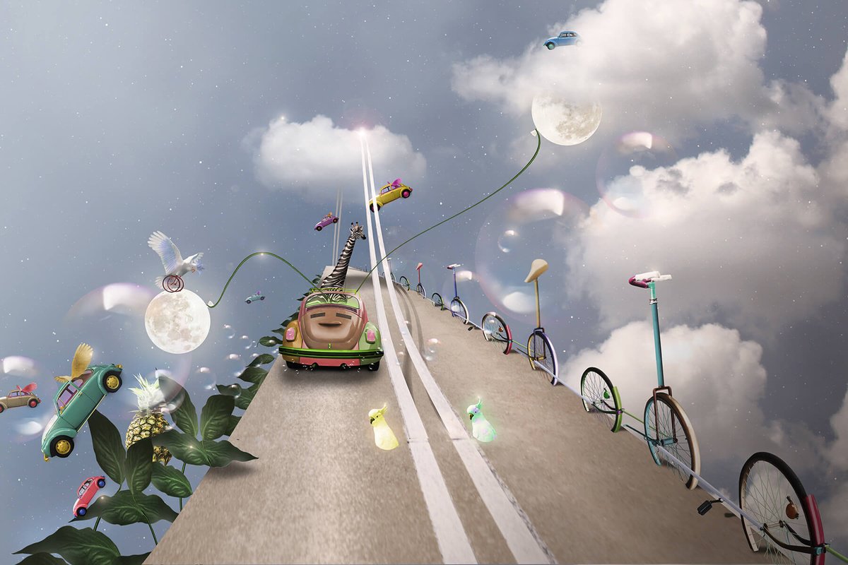 Surrealistic Landscape Print By Vanessa T Stefanova, 24 X 16", Road Trip, Original Artwork