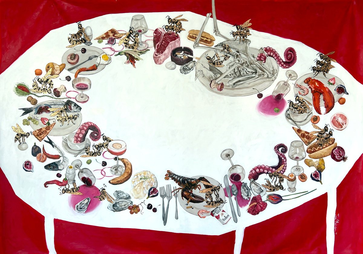 Urban And Pop Still Life Oil Painting By Inga Makarova, 118 X 79, The Feast Unveiled, Original Artwork