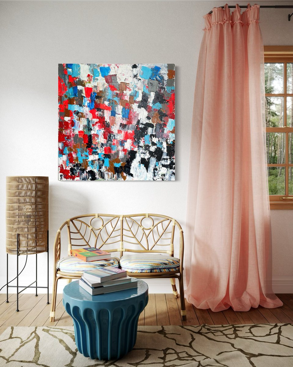 Expressive Abstract Acrylic Painting By Maiia Axton, 39 X 39", Night City Lights, Original Artwork