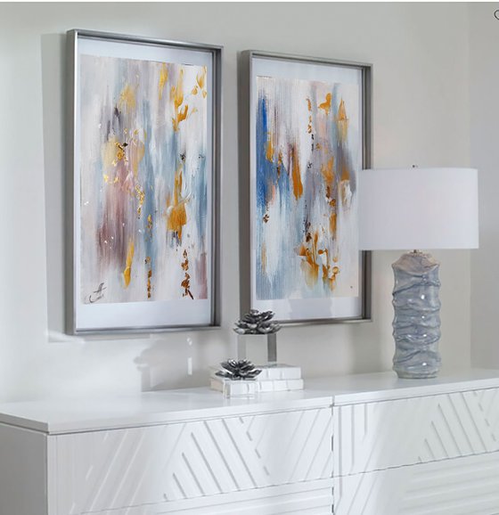 Set paintings, 2 piece wall art, Abstract painting on canvas-paper.