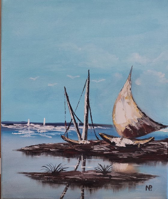 Boat, original sea ocean oil painting, impressionistic art, gift idea