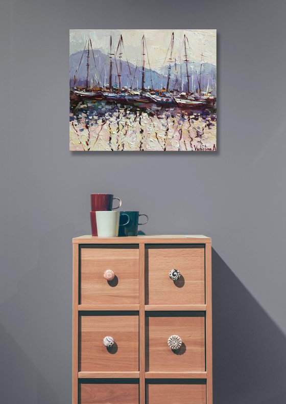 Sailing yachts in marina at sunset Original seascape painting