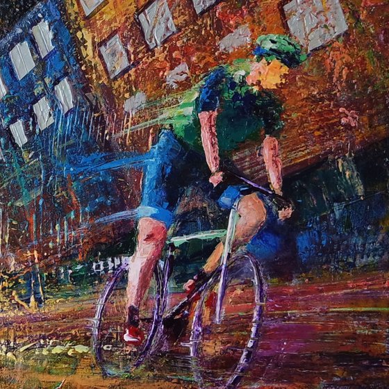 'CYCLING IN COLOGNE' - Cityscape Large Acrylics Painting on Canvas